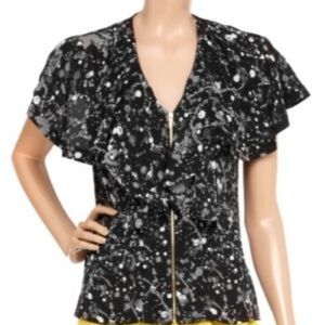 TORY BURCH Silk Black White Paint Splattered Effect Blouse Size 8